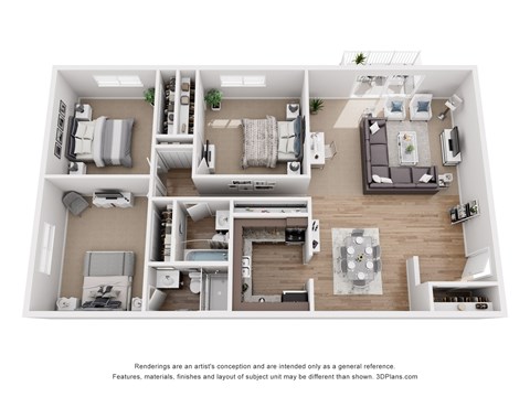Floor plan for 3 beds, 2 baths, 1200 sqft